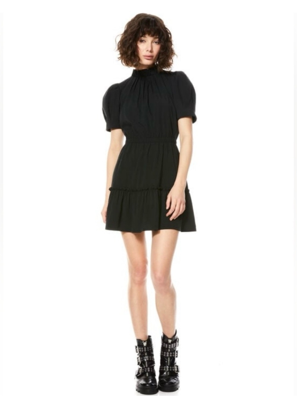 Alice + Olivia Vida Puff Sleeve Mini Dress Black Mock Neck Ruffle Size 10